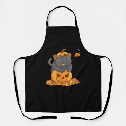 Halloween Black Cat on Pumpkin with Autumn Leaves  Apron