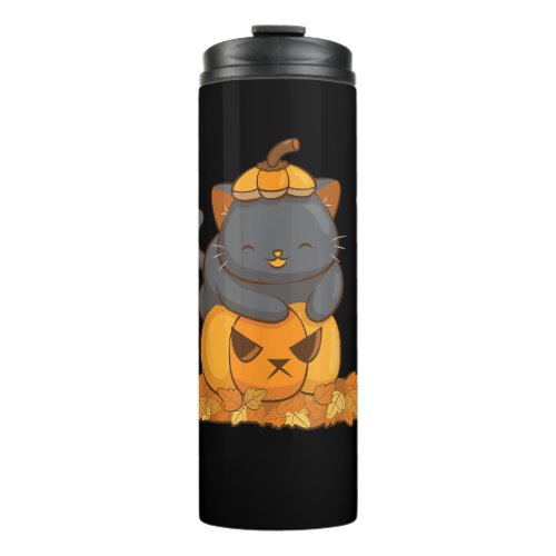 Halloween Black Cat on Pumpkin with Autumn Leaves  Thermal Tumbler