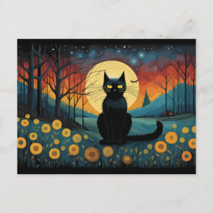 Halloween Black Cat On The Meadow Full Moon Postcard