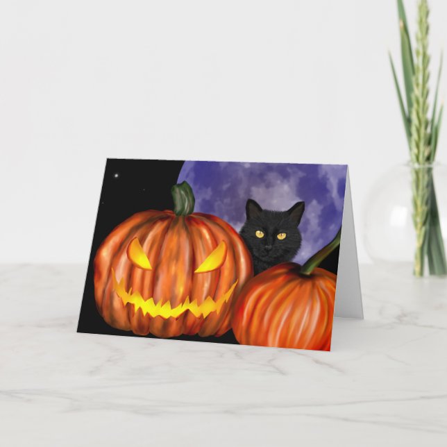 Halloween Black Cat Orange Pumpkins Art Card (Front)
