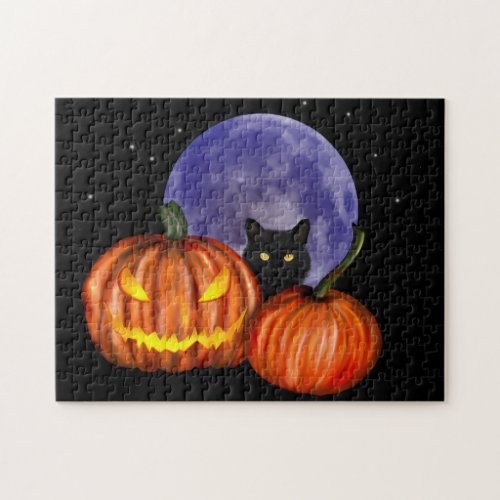 Halloween Black Cat Orange Pumpkins Art Jigsaw Puzzle