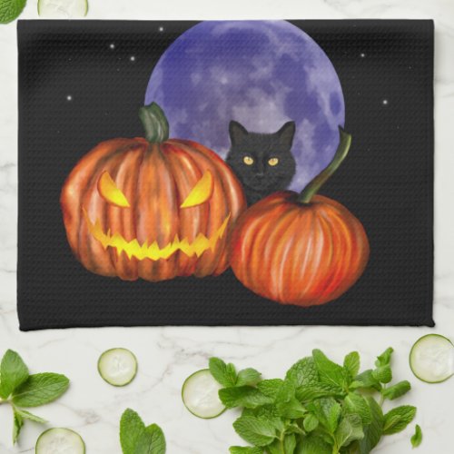 Halloween Black Cat Orange Pumpkins Art Kitchen Towel