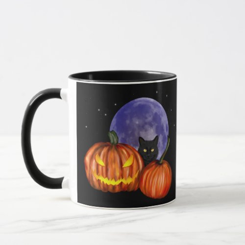 Halloween Black Cat Orange Pumpkins Art Mug