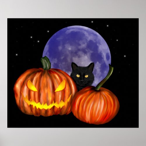 Halloween Black Cat Orange Pumpkins Art Poster