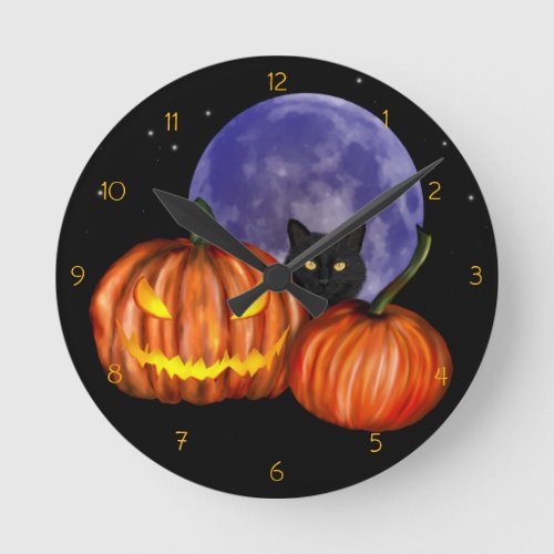 Halloween Black Cat Orange Pumpkins Art Round Clock