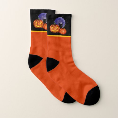 Halloween Black Cat Orange Pumpkins Art Socks