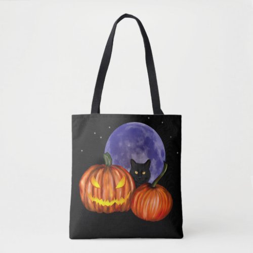 Halloween Black Cat Orange Pumpkins Art Tote Bag