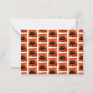 Halloween Black Cat Orange Squares Cartoon Note Card