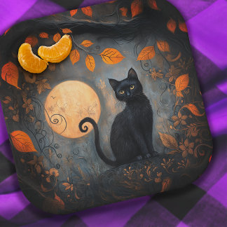 Halloween Black Cat Ornate Moody Full Moon Paper Plates