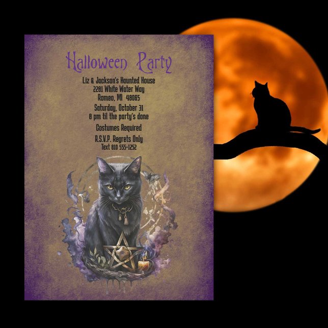 Halloween Black Cat Party Invitation (When witches go riding, and black cats are seen, the moon laughs and whispers, 'tis near Halloween.)