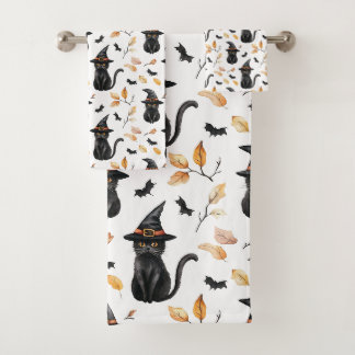 Halloween Black Cat Pattern - Witchy Cat Bath Towel Set