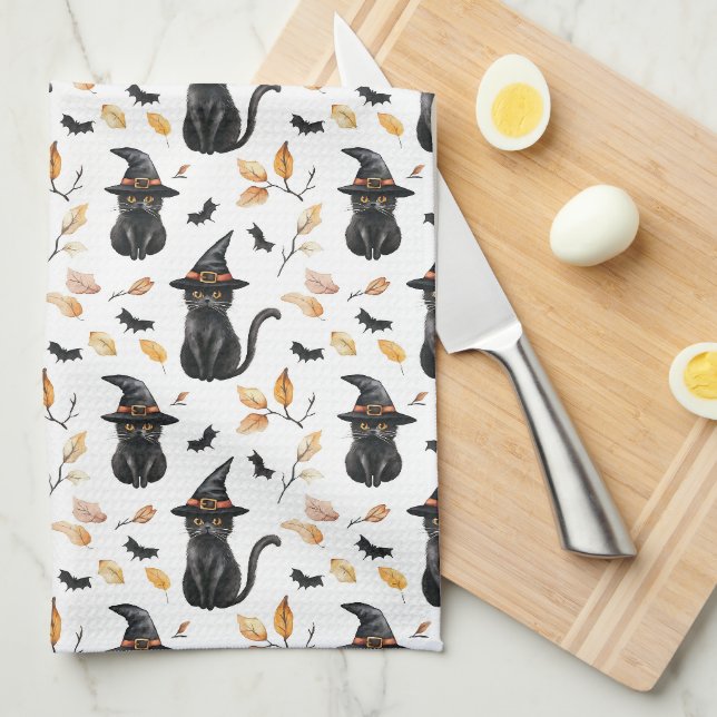 Halloween Black Cat Pattern - Witchy Cat  Kitchen Towel (Quarter Fold)