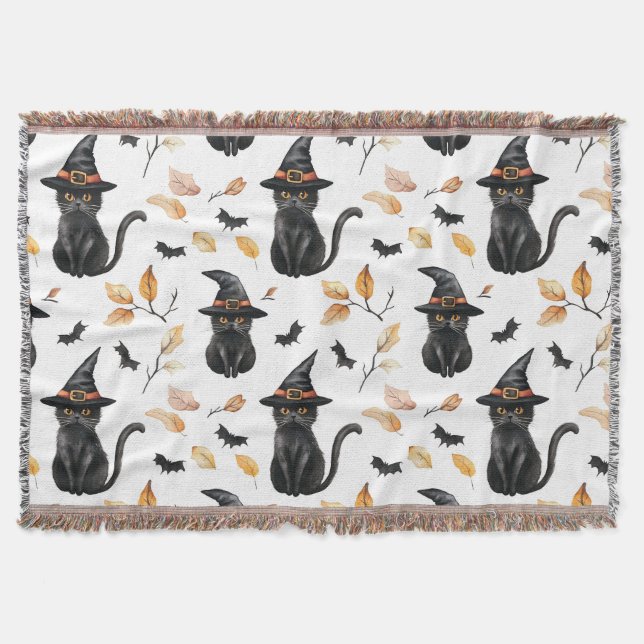 Halloween Black Cat Pattern - Witchy Cat  Throw Blanket (Front)