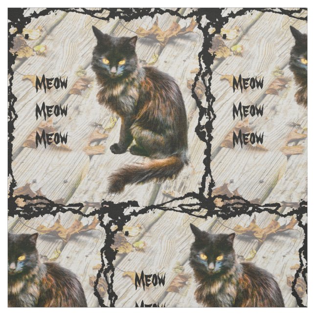 Halloween Black Cat Pet Photo Autumn Leaves Fabric (Swatch)