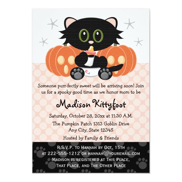 Halloween Black Cat Pink Diaper Pin Baby Shower Invitation