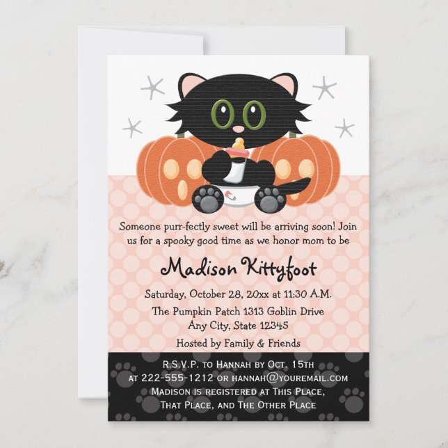 Halloween Black Cat Pink Diaper Pin Baby Shower Invitation (Front)