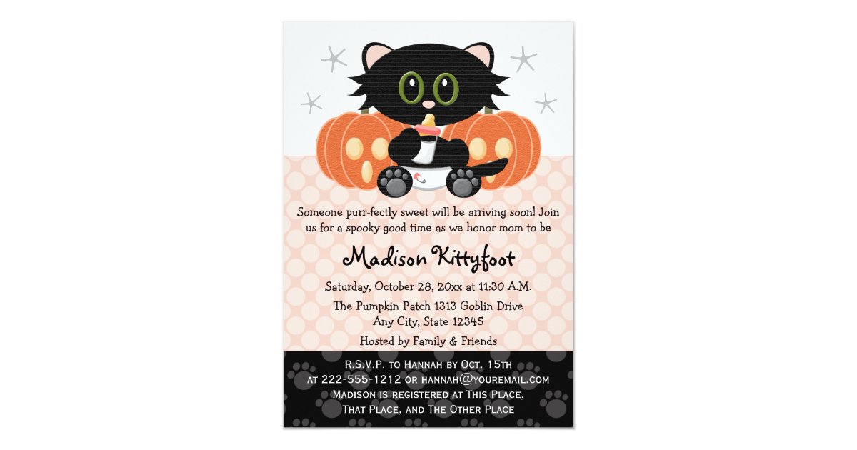 Halloween Black Cat Pink Diaper Pin Baby Shower Invitation