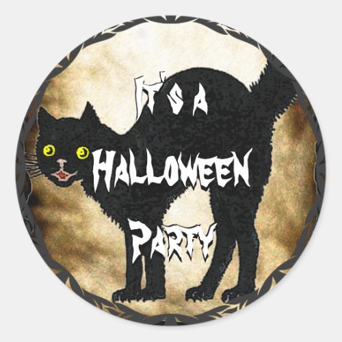 HALLOWEEN Black Cat Printed Faux Burnt Parchment Classic Round Sticker