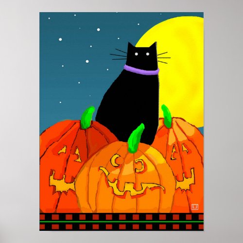 Halloween Black Cat Pumpkin and Full Moon Poster