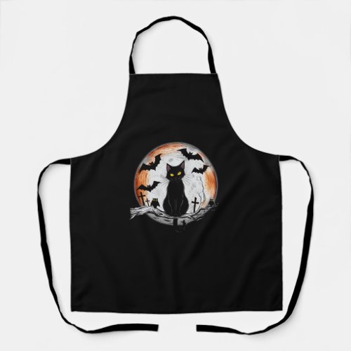 Halloween Black Cat Pumpkin Bat Moon Cemetery Scar Apron