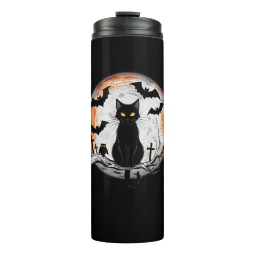 Halloween Black Cat Pumpkin Bat Moon Cemetery Scar Thermal Tumbler