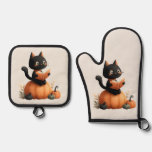 Halloween Black Cat Pumpkin Design Oven Mitt &amp; Pot Holder Set
