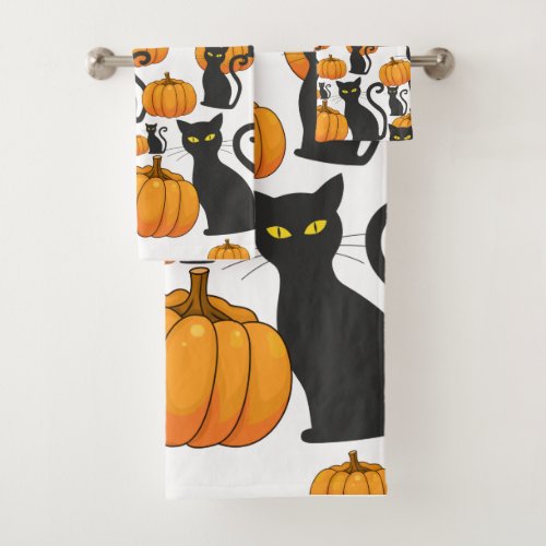 Halloween Black Cat Pumpkin Fun Bath Towel Set