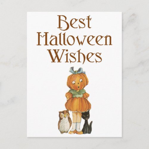 Halloween Black Cat Pumpkin Girl and Owl Postcard