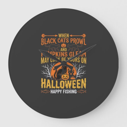 Halloween Black Cat Pumpkin Happy Fishing Design Large Clock