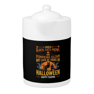 Halloween Black Cat Pumpkin Happy Fishing Design Teapot