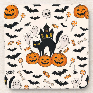 Halloween Black Cat & Pumpkin Haunted House Beverage Coaster