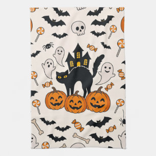 Halloween Black Cat & Pumpkin Haunted House Kitchen Towel
