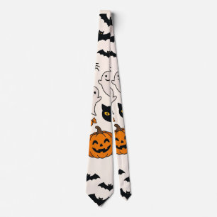 Halloween Black Cat & Pumpkin Haunted House Neck Tie
