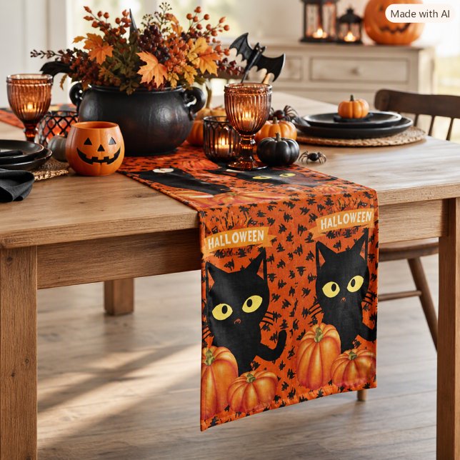 Halloween Black Cat & Pumpkin Holiday Home Décor Short Table Runner (Creator Uploaded)