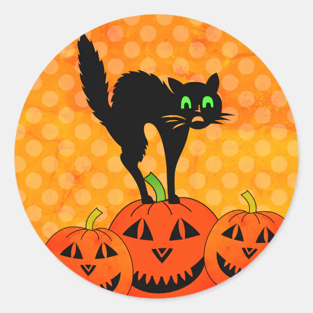 Halloween Black Cat Pumpkin Jack O' Lantern Classic Round Sticker | Zazzle
