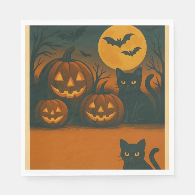 Halloween Black Cat & Pumpkin Napkins  (Front)