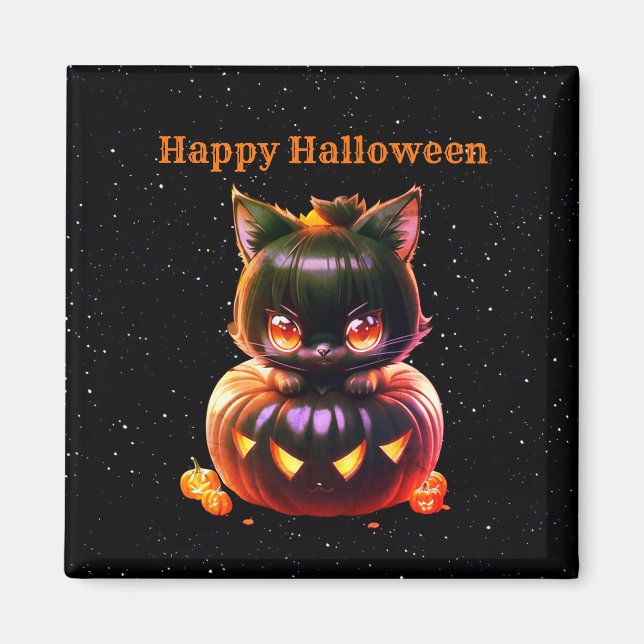 Halloween Black Cat Pumpkin Night Horror Scary Magnet (Front)