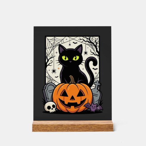Halloween Black Cat Pumpkin Vector Design Acrylic Sign