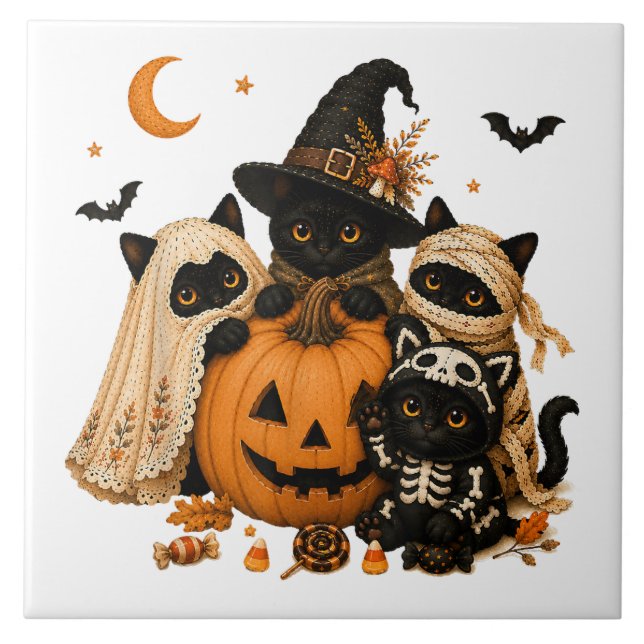 Halloween Black Cat Pumpkin Witch Ceramic Tile (Front)