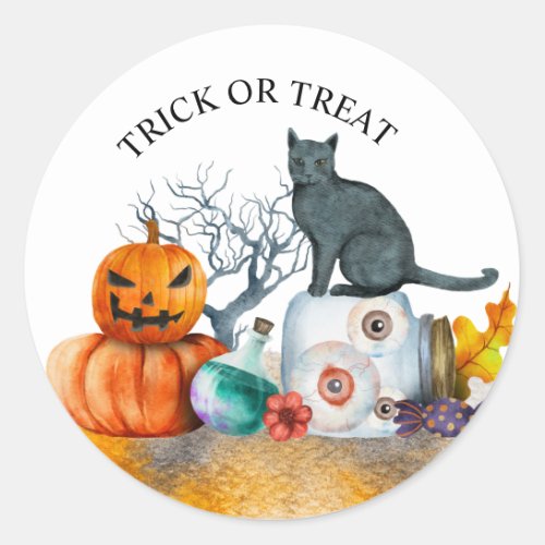 Halloween black cat pumpkins eyeballs classic round sticker