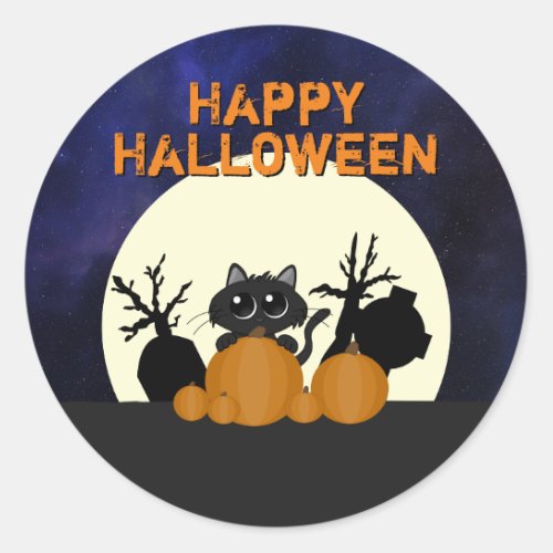 Halloween Black Cat Pumpkins Graveyard Full Moon Classic Round Sticker