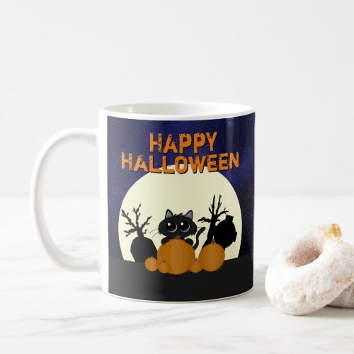 Halloween Black Cat Pumpkins Graveyard Full Moon Coffee Mug