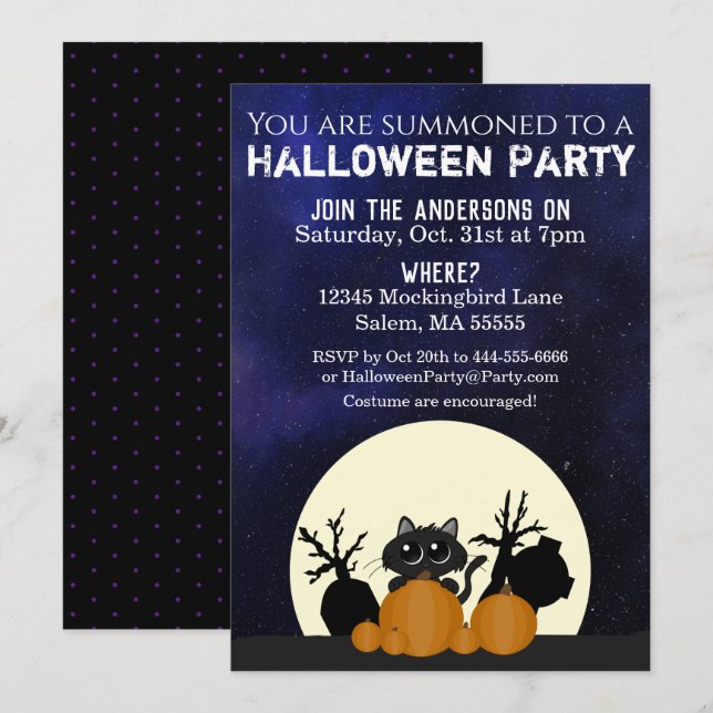 Halloween Black Cat Pumpkins Graveyard Full Moon Invitation (Front/Back)