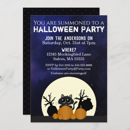 Halloween Black Cat Pumpkins Graveyard Full Moon Invitation