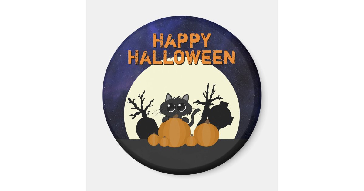 Halloween Black Cat Pumpkins Graveyard Full Moon Magnet