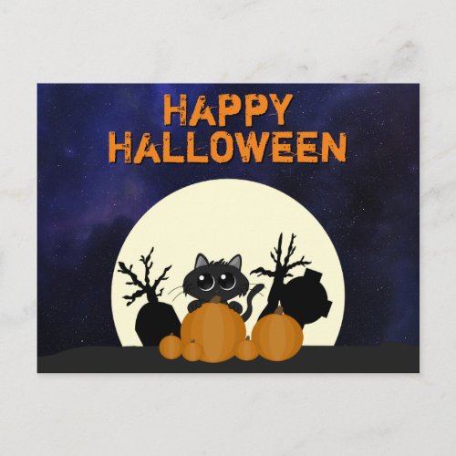 Halloween Black Cat Pumpkins Graveyard Full Moon Postcard