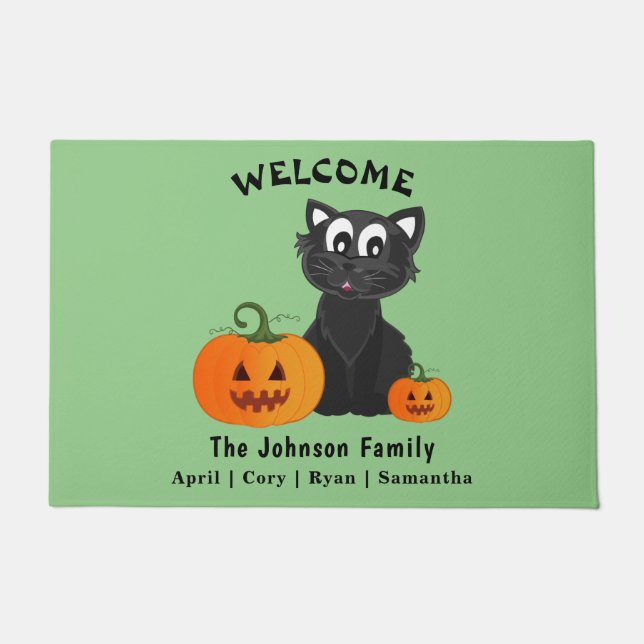 Halloween Black Cat Pumpkins Green Background Door Doormat (Front)