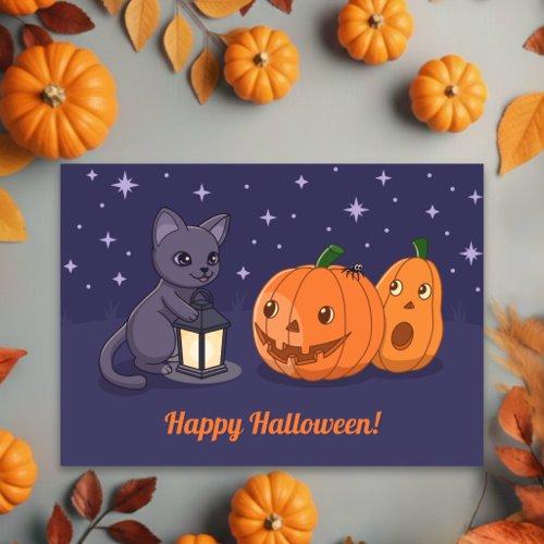Halloween Black Cat, Pumpkins, Lantern on Purple Card