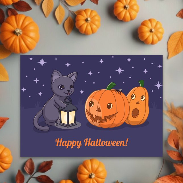 Halloween Black Cat, Pumpkins, Lantern on Purple Card (Creator Uploaded)