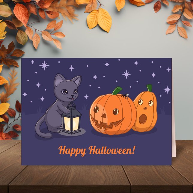 Halloween Black Cat Pumpkins Lantern Purple Card (Creator Uploaded)